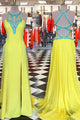 Charming Round Neck Open Back Split Front Long Yellow Sheath Prom Dress with Beading LPD51 | Cathyprom
