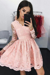 Chic Homecoming Dress V-neck Lace A-line Pink Short Prom Dress Party Dress OHM134
