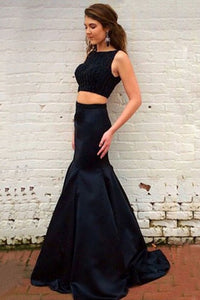 Elegant Bateau Sweep Train Backless Two Piece Black Mermaid Prom Dress with Beading LPD45 | Cathyprom