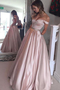 A-line Off the Shoulder Floor Length Pearl Pink Prom Dress with Beading Pleats P96 | Cathyprom