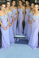 Sexy Sheath/Column Sweetheart Sweep Train Sleeveless Long Chiffon Bridesmaid Dresses with Appliques OHS122 | Cathyprom