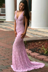 Mermaid Deep V-Neck Backless Lilac Lace Prom Dress with Beading OHC016 | Cathyprom