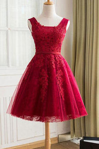 Burgundy Homecoming Dress Straps A-line Lace Appliques Lace-up Short Prom Dress Party Dress OHM162