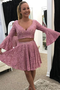 Two Piece Homecoming Dress V-neck Lace Long Sleeves Short Prom Dress Party Dress OHM159