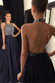A-line Halter Sleeveless Sweep Train Backless Navy Blue Prom Dress with Beading LPD33 | Cathyprom