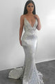 Mermaid Spaghetti Straps Sweep Train Silver Sequined Backless Sleeveless Prom Dress Z27