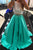 Two Piece Jewel Jade Sleeveless Sweep Train Lace Beading Prom Dress P67