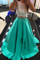Two Piece Jewel Jade Sleeveless Sweep Train Lace Beading Prom Dress P67