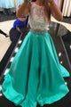 Two Piece Jewel Jade Sleeveless Sweep Train Lace Beading Prom Dress P67