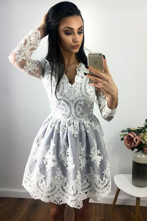 Long Sleeve Homecoming Dresses V-neck A-line Lace Short Prom Dress Par cathyprom Long Sleeve Homecoming Dresses V-neck A-line Lace Short Prom Dress Par cathyprom