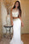 Two Piece Mermaid Jewel Sweep Train White Elastic Satin Prom Dress with Beading OHC089 | Cathyprom