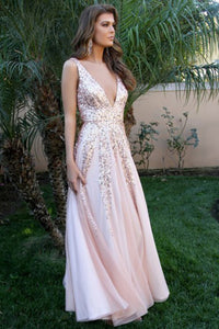 A-Line Deep V-Neck Floor-Length Pink Tulle Backless Prom Dress with Sequins L5