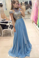 A-Line Jewel Sweep Train Cap Sleeves Blue Organza Prom Dress with Beading P26