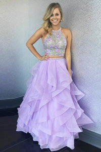 Two Piece Jewel Floor-Length Lavender Tired Prom Dress with Appliques CAD59 | Cathyprom