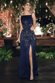 Mermaid Square Floor-Length Cut Out Navy Blue Satin Prom Dress with Embroidery Q38