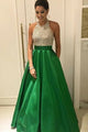 A-Line Halter Backless Green Satin Prom Dress with Beading Pockets OHC046 | Cathyprom