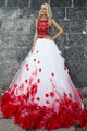 Two Piece Jewel Sweep Train Red Tulle Prom Dress with Appliques Flowers Z23