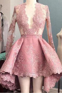 Long Sleeve High Low Homecoming Dresses Lace Short Prom Dress Party Dress OHM170