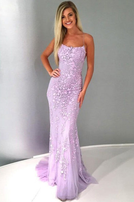 Mermaid Spaghetti Straps Lace Up Lilac Long Prom Dress with Appliques cathyprom Mermaid Spaghetti Straps Lace Up Lilac Long Prom Dress with Appliques cathyprom