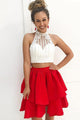Sparkly Two Piece Halter Sleeveless Beading Short Taffeta Homecoming Party Dress OHM098 | Cathyprom