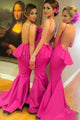 Sexy Mermaid Halter Sweep Train Sleeveless Backless Satin Bridesmaid Dresses OHS112 | Cathyprom