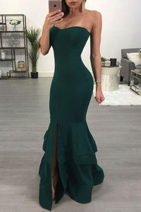 Trumpet/Mermaid Prom Dresses Sleeveless Long Satin Prom Dress Slit Sexy Evening Dress OHC253 | Cathyprom
