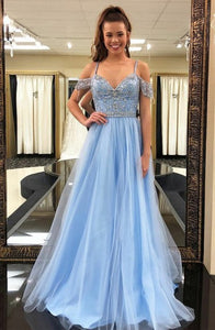 A-Line Straps Cold Shoulder Sweep Train Blue Tulle Prom Dress with Beading Q1