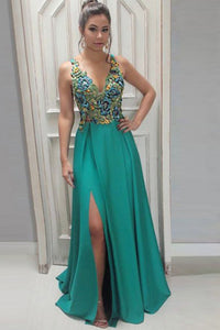 A-Line Deep V-Neck Sweep Train Green Satin Backless Prom Dress with Appliques C22