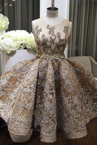 A-line Jewel Sleeveless Short Champagne Prom Dress with Lace Appliques P80 | Cathyprom