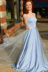 A-Line Sweetheart Sweep Train Blue Tulle Sleeveless Prom Dress with Beading Sequins L6
