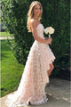 A-Line Strapless Hi-Low Pearl Pink Lace Prom Dress with Flowers PD4