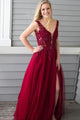 A-Line Deep V-Neck Sweep Train Dark Red Tulle Split Beaded Prom Dress with Appliques Z3