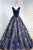 A-Line V-Neck Court Train Navy Blue Tulle Prom Dress with Appliques Beading Q45