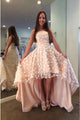 A-Line Strapless Hi-Low Pearl Pink Lace Prom Dress with Flowers PD4