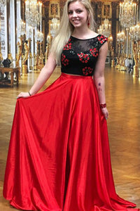 Two Piece Crew Sweep Train Red Satin Open Back Prom Dress with Embroidery Lace L26