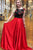 Two Piece Crew Sweep Train Red Satin Open Back Prom Dress with Embroidery Lace L26