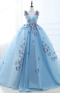 Ball Gown Deep V-Neck Court Train Blue Tulle Prom Dress with Appliques Q20