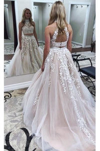 Two Piece High Neck Open Back Tulle Prom Dress with Appliques Beading OHC166 | Cathyprom