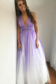 A-Line Deep V-Neck Floor-Length Purple Gradient Tulle Backless Prom Dress with Beading L27