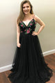 A-Line Spaghetti Straps Sweep Train Black Tulle Sleeveless Prom Dress with Beading C12