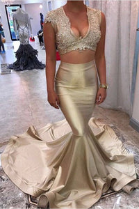 Two Piece V-Neck Sweep Train Sleeveless Gold Satin Prom Dress with Appliques P17