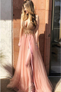 A-Line V-Neck Sweep Train Coral Prom Dress with Beading Split D4