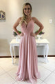 A-Line V-Neck Sweep Train Criss-Cross Straps Pink Chiffon Prom Dress with Beading Q37