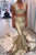 Two Piece V-Neck Sweep Train Sleeveless Gold Satin Prom Dress with Appliques P17
