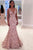 Mermaid Deep V-Neck Sweep Train Pink Lace Backless Sleeveless Prom Dress Q36