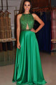 A-Line Jewel Sweep Train Keyhole Green Satin Open Back Beaded Prom Dress Q40