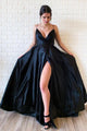 Sparkly Black Satin V Neck Spaghetti Strap Side Slit Long Satin Prom Dresses Evening Dress OHC323 | Cathyprom