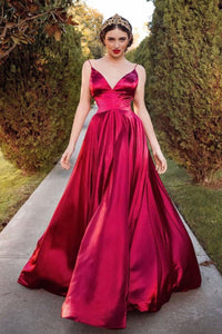 Simple A Line Red Satin Spaghetti Straps Sleeveless Long V Neck Prom Dress Evening Dress OHC382 | Cathyprom