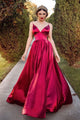 Simple A Line Red Satin Spaghetti Straps Sleeveless Long V Neck Prom Dress Evening Dress OHC382 | Cathyprom