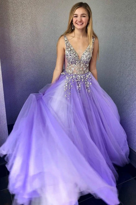 A-Line V-Neck Sleeveless Floor-Length Lilac Tulle Prom Dress with Bead cathyprom A-Line V-Neck Sleeveless Floor-Length Lilac Tulle Prom Dress with Bead cathyprom